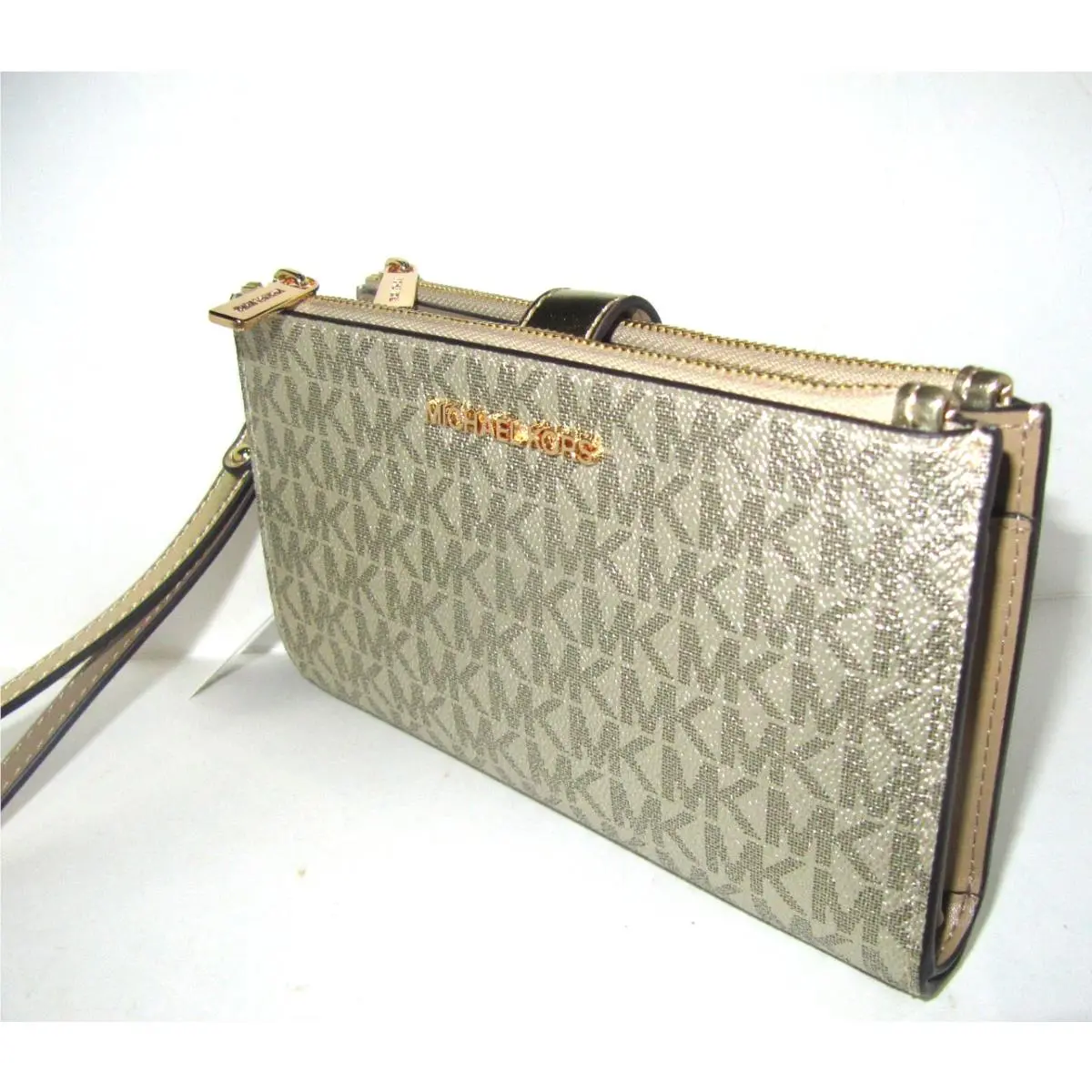 Michael Kors Jet Set Double Zip Wristlet Wallet Pale Gold Logo Phone