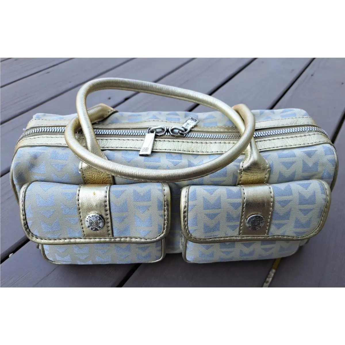 Vtg Michael Kors Italian Jacquard Gold Leather Trim Satchel Handbag Wallet