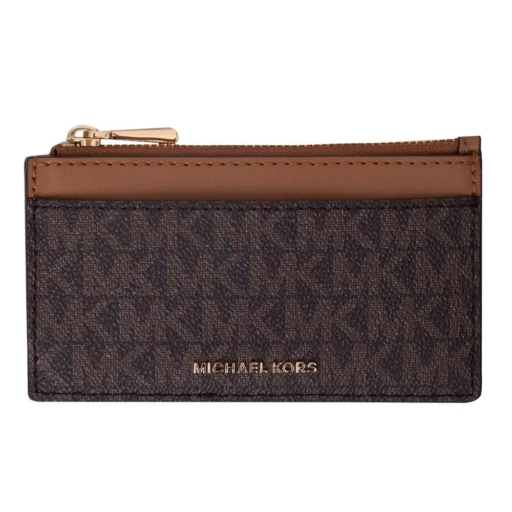 Michael Kors Jet Set Sm Zip Card Case Key Ring Pebbled Leather Brown