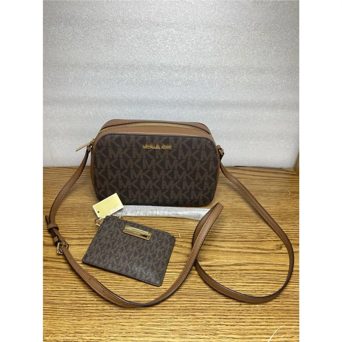 Michael Kors Signature Logo Crossbody Bag Brown MK Gold Hardware + Coin Wallet