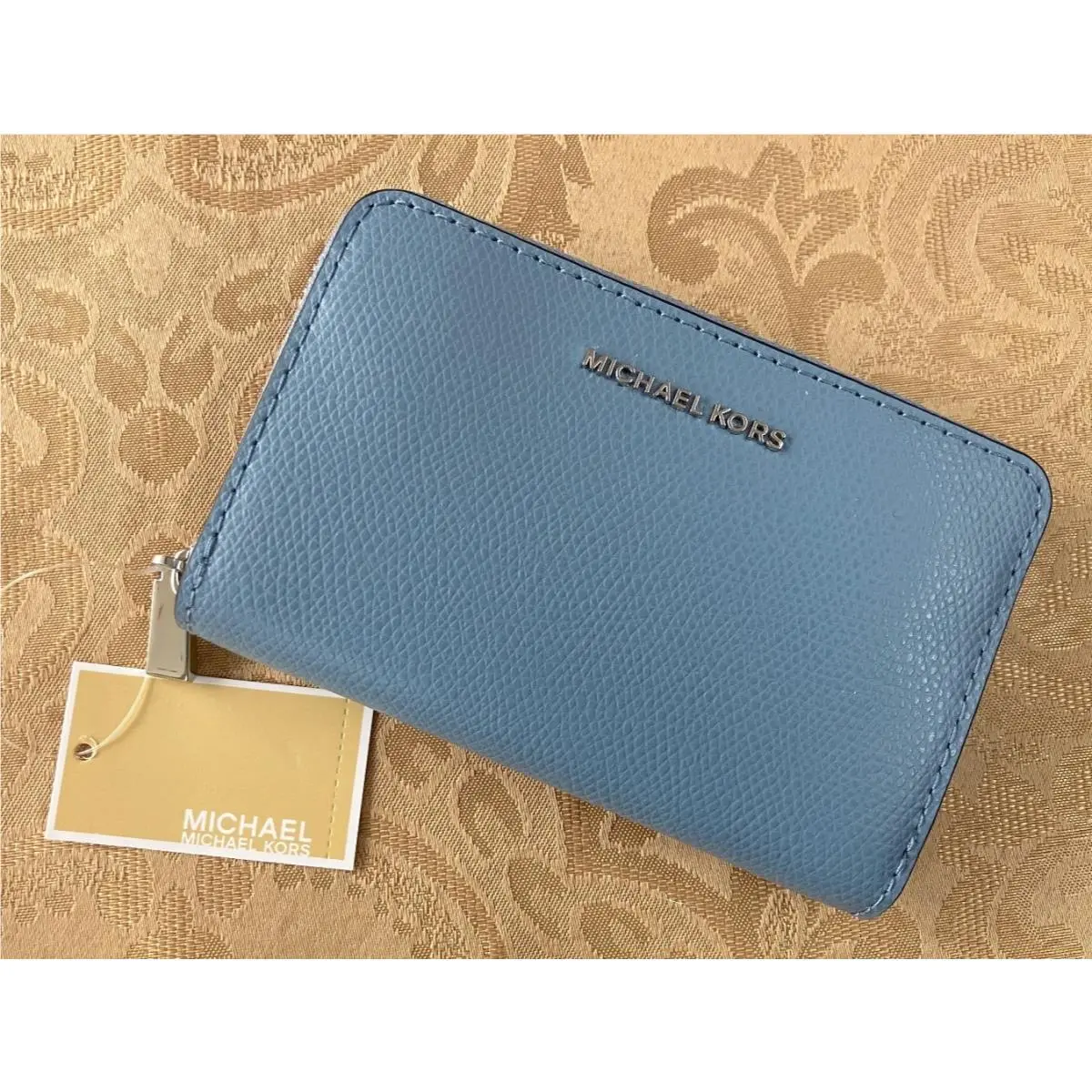 Michael Kors Jet Set Small Leather Zip Card Case Wallet Chambray Blue