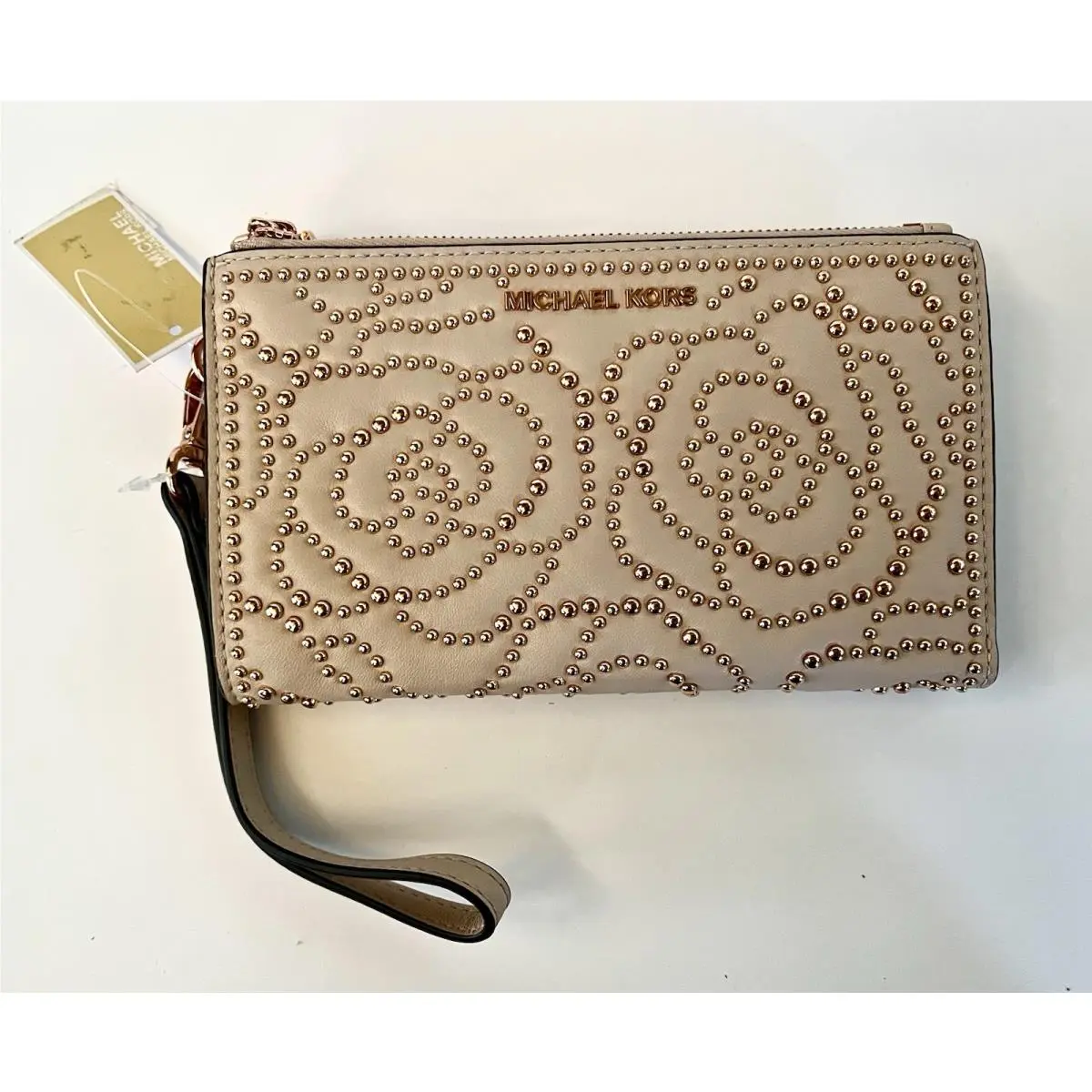 Michael Kors Edele Rose Studded Leather Pink Double Zip Smartphone Wristlet