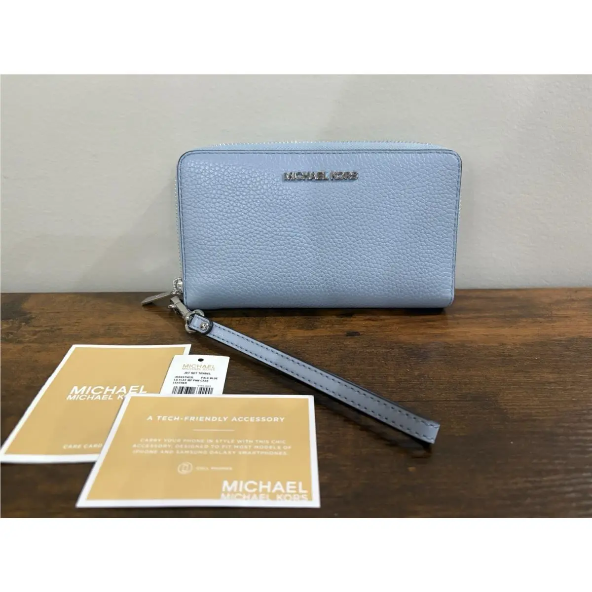 Michael Kors Wristlet Wallet Phone Case In Color Pale Blue Jet Set Travel