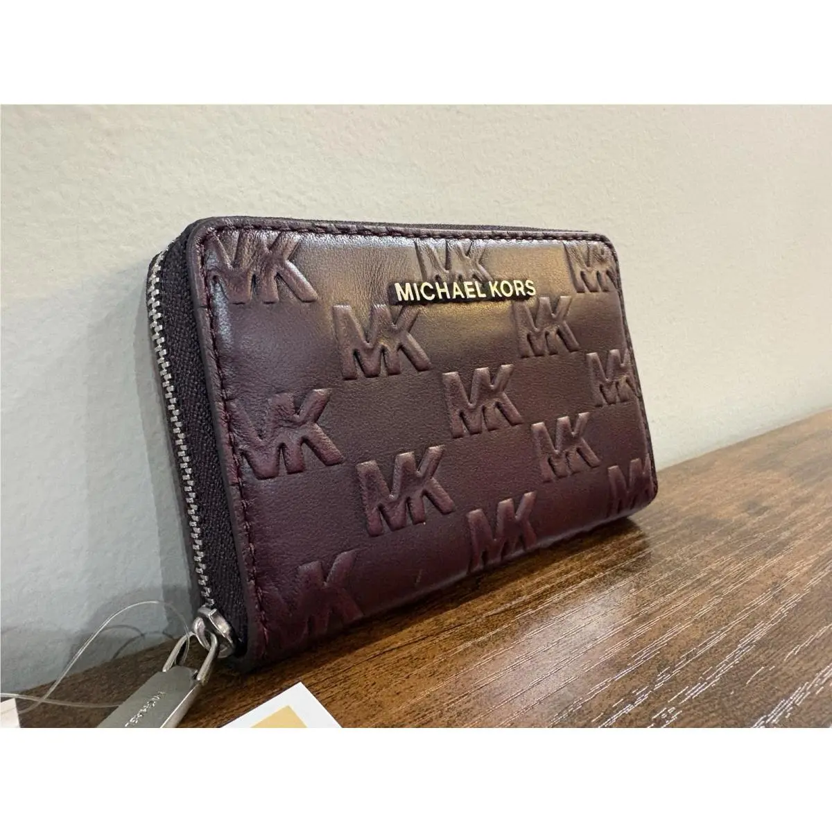 Michael Kors Zip Around Card Case Wallet Ox Blood Color MK Logo Embossed Leather