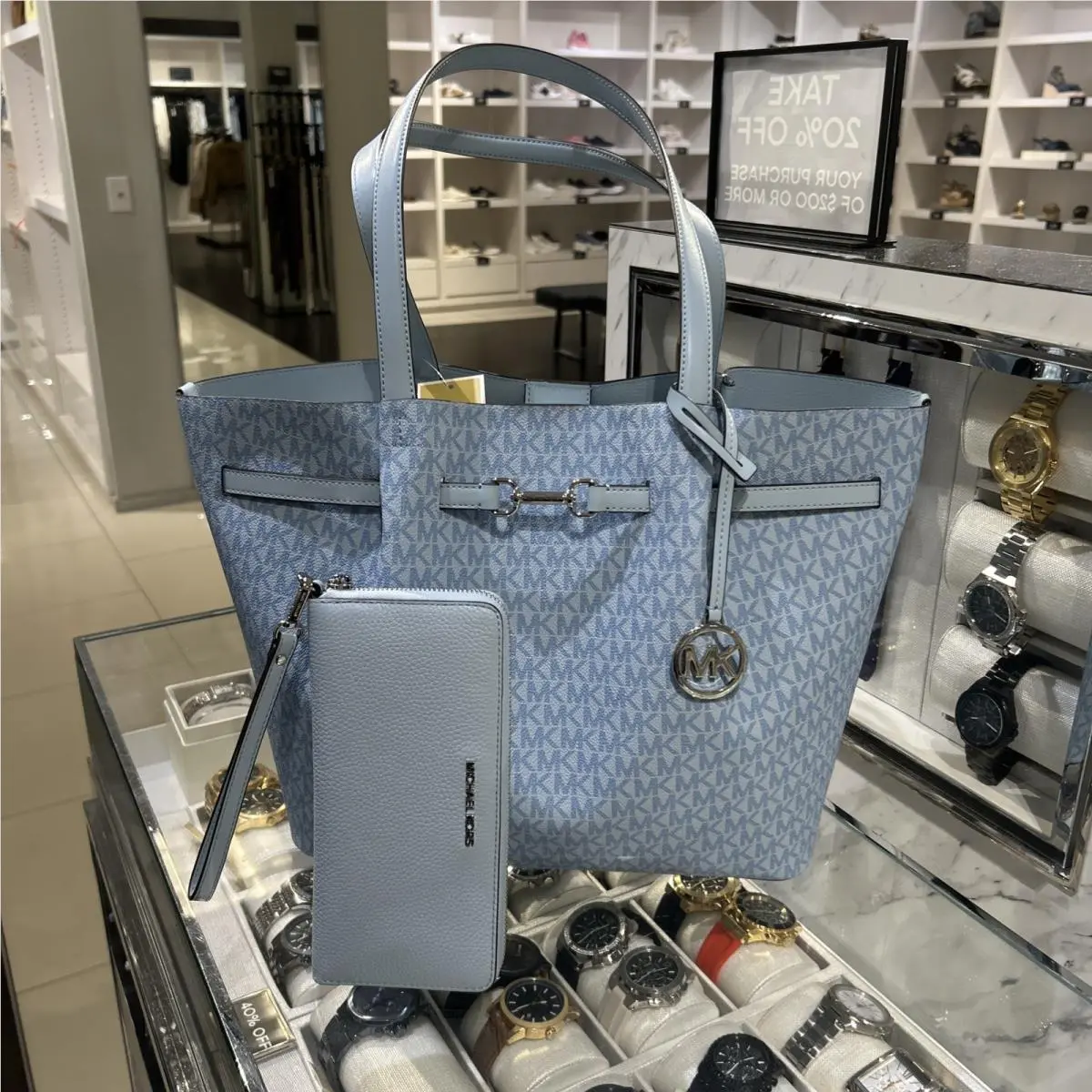 Michael Kors Carson Lady Large Handbag Purse Tote Bag Pale Ocean + Long Wallet