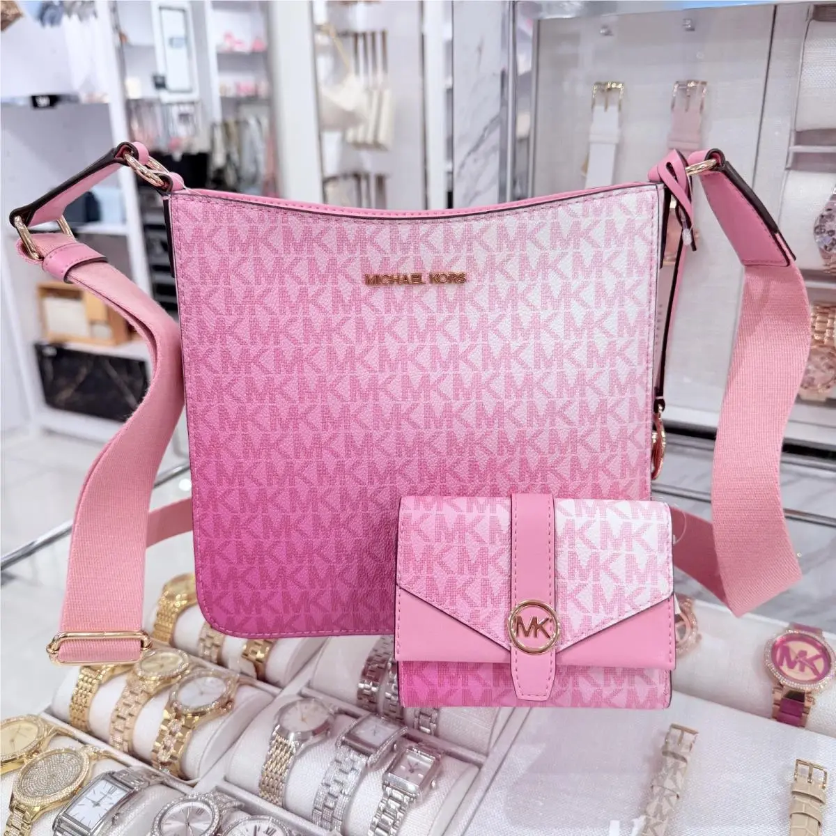 Jet Set Travel Signature Logo Crossbody Bag + Wallet Set Carnation by Michael Kors