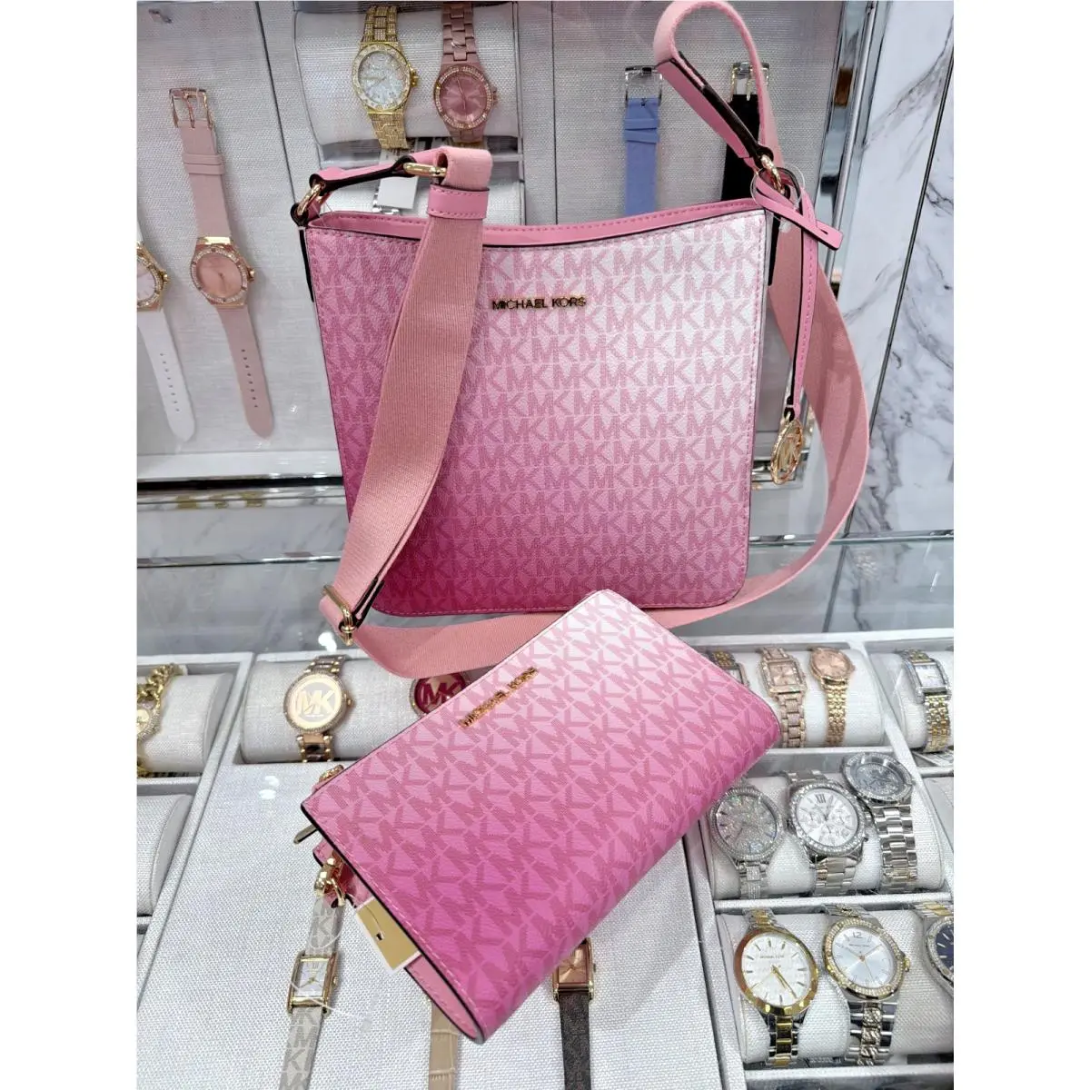 Michael Kors Jet Set Travel MK Signature Crossbody Bag Carnation + 2Zip Wallet
