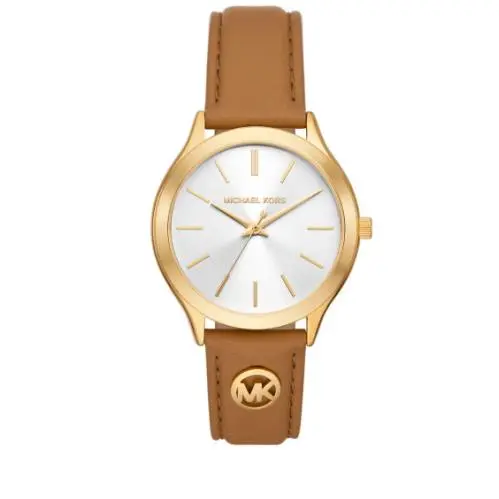 Michael Kors Slim Runway Gold /white Dial Brown Leather Women`s Watch MK7543 - Dial: White, Band: Brown, Bezel: Gold