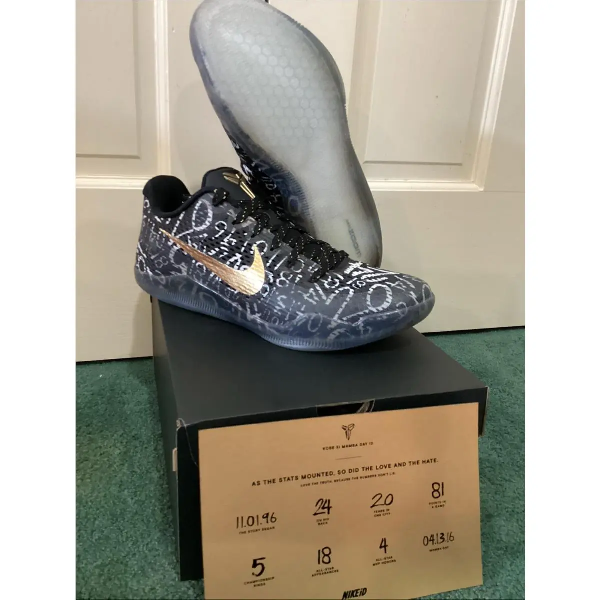 DS Kobe Bryant 2016 Mamba Day Nike ID XI Size 10.5 Black White Gold Rare
