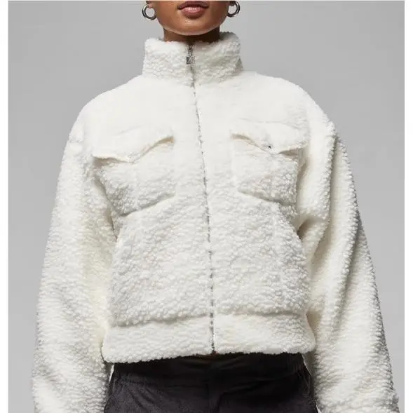 Nike Jordan Women`s White Fur Cropped Jacket FD7168-133 Loose Fit Size XL