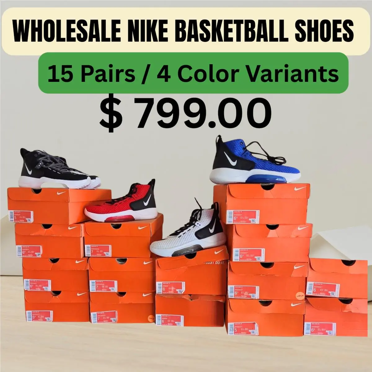 Nike Basketball Shoes Lot 15 Pairs w/ Box Bulk Wholesale 4 Colors Sneakers
