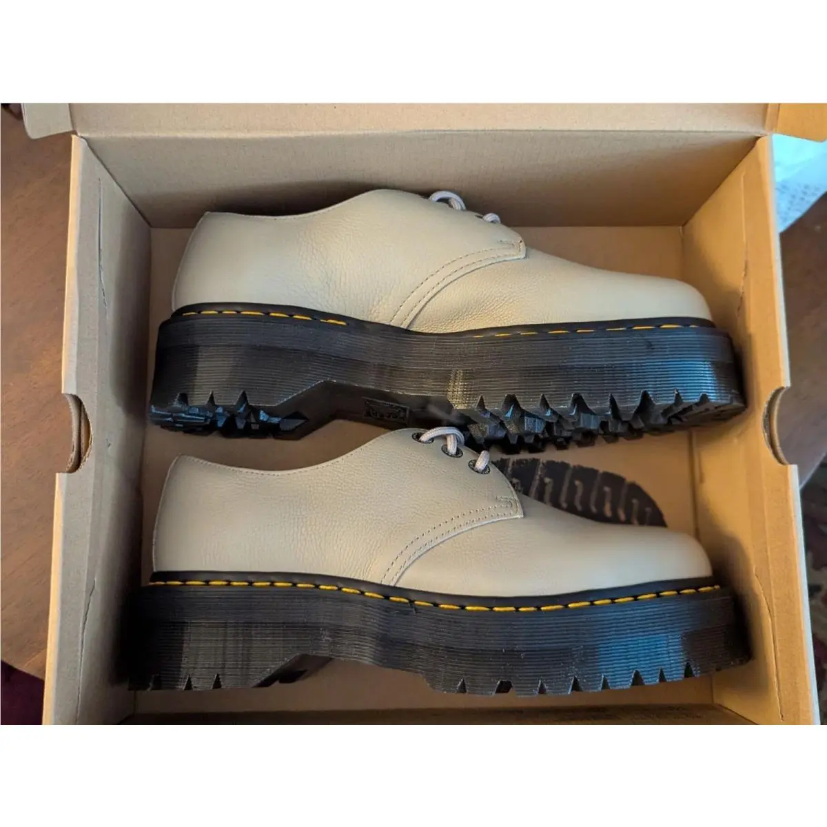 Dr. Martens 1461 Bex White Smooth Leather Shoes with Yellow Stitching Lug Sole