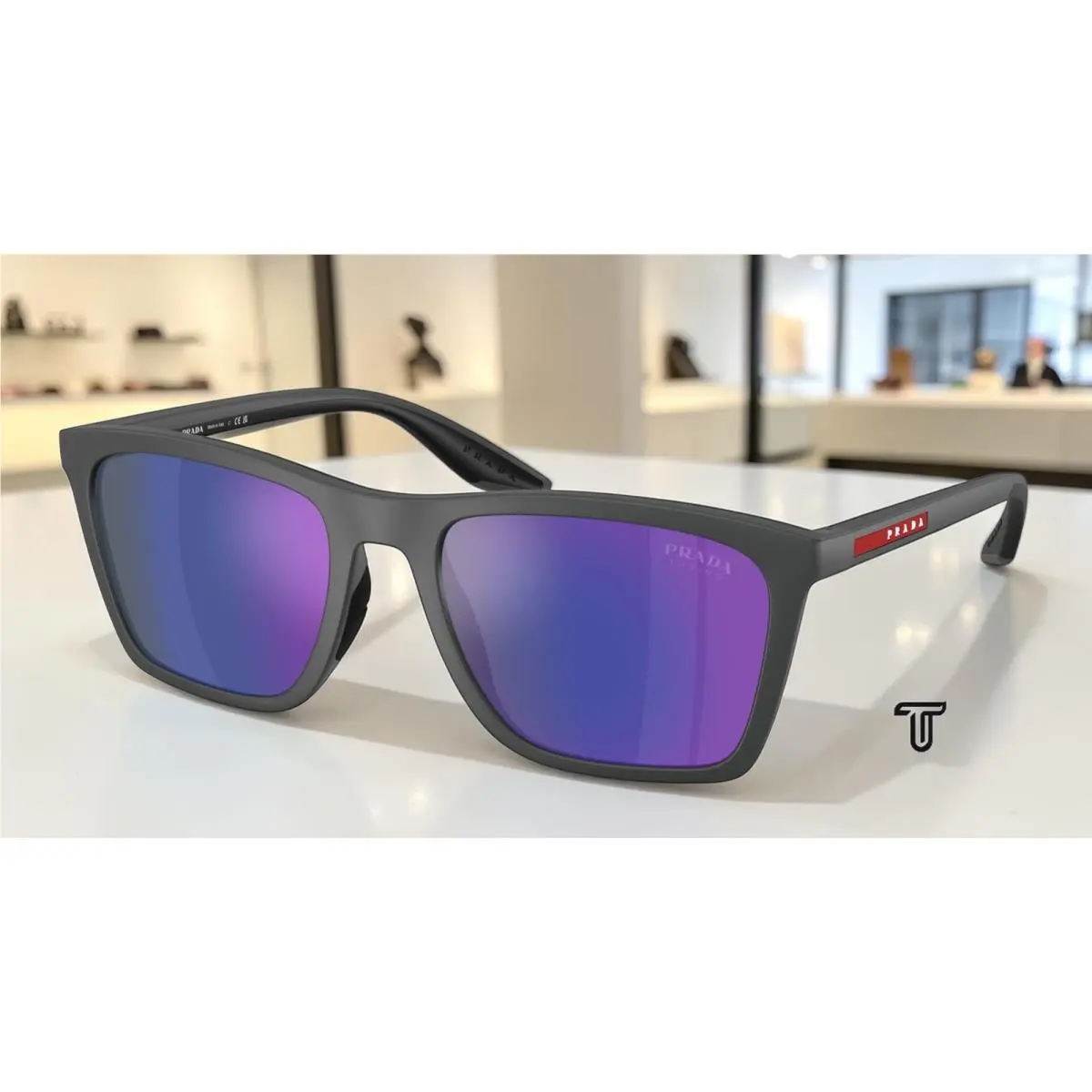 Prada PS B08SF UFK05U Rubber Grey Dark Blue Mirror Violet 56 mm Men`s Sunglasses