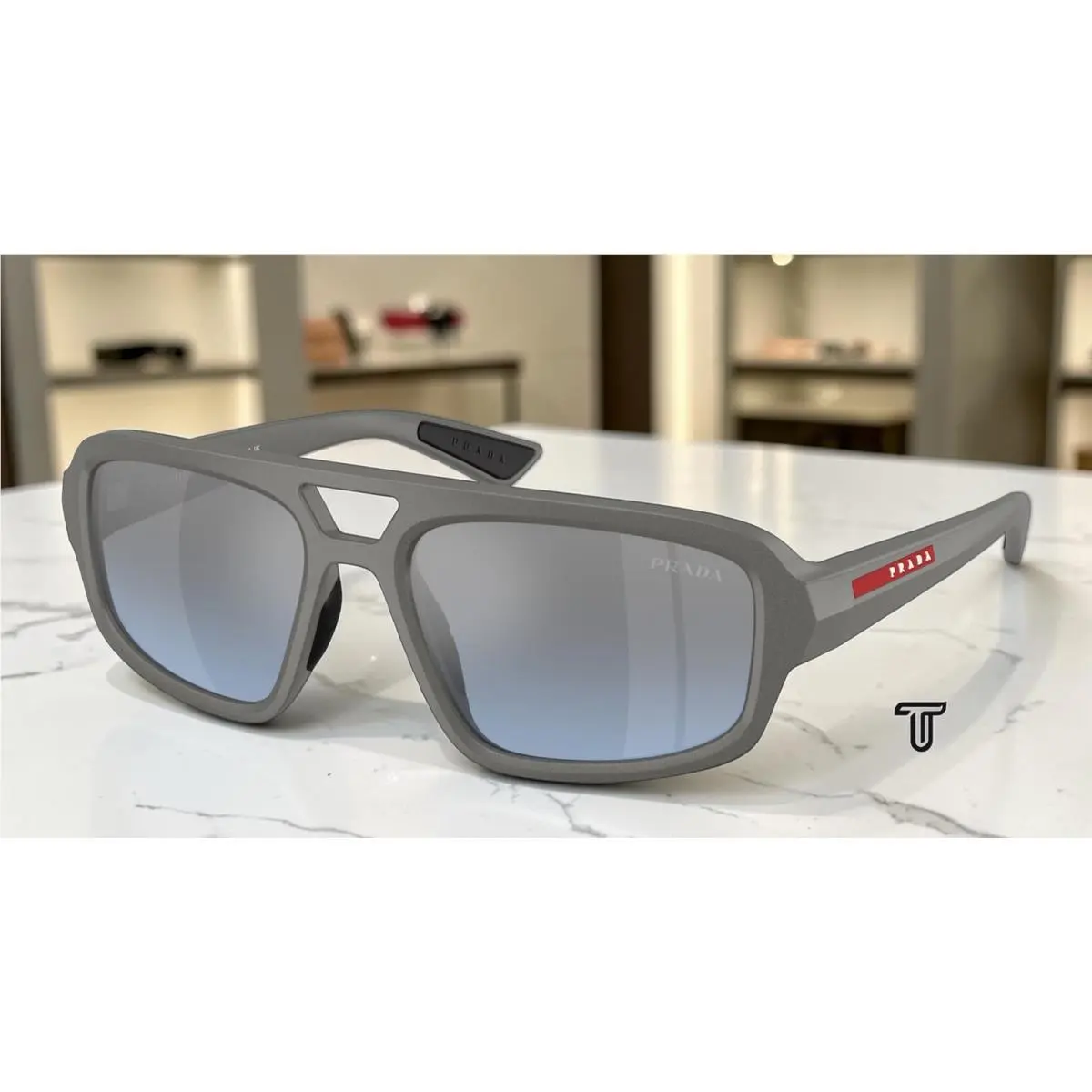 Prada PS B11SU 16X11A Metal Grey Blue Mirror Silver Grad 57 mm Men`s Sunglasses