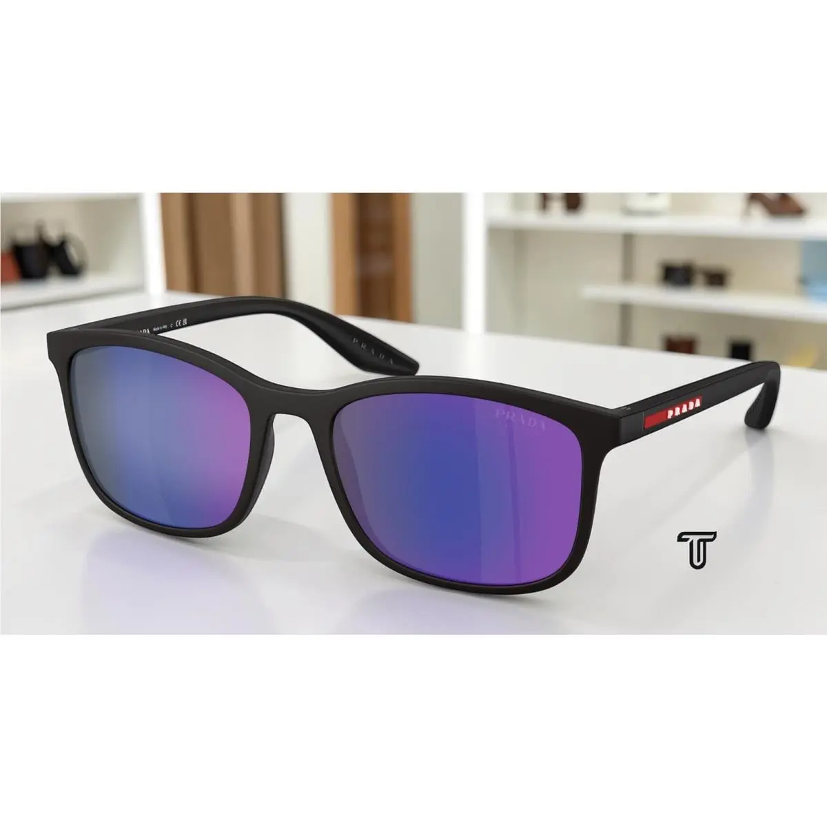Prada PS A08S UFK05U Matte Grey Dark Blue Mirror Violet 56 mm Men`s Sunglasses