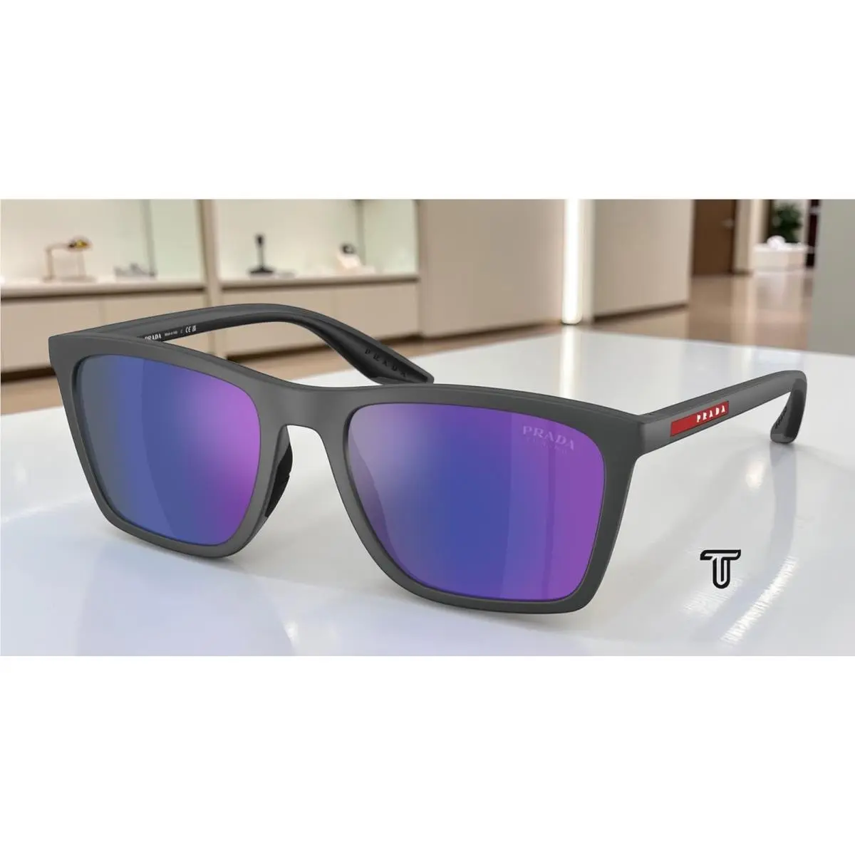 Prada PS B08S UFK05U Rubber Grey Dark Blue Mirror Violet 56 mm Men`s Sunglasses