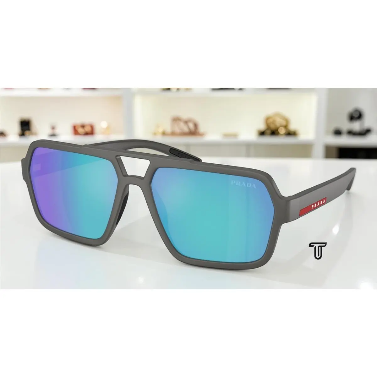Prada PS A06SF 16X08R Grey Silver Light Green Mirror Blue 59 mm Men`s Sunglasses