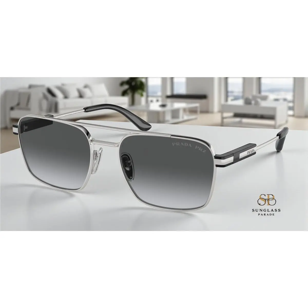 Prada PR 67ZS 1BC5W1 Silver Polar Grey Gradient Polarized 56mm Unisex Sunglasses