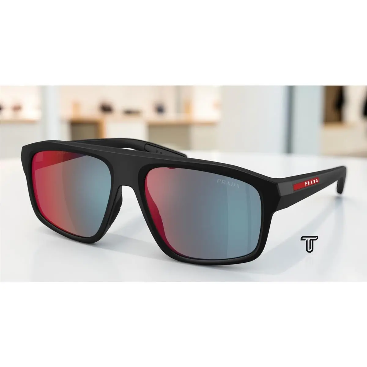 Prada PS B02SF 1BO08F Matte Black Grey Mirror Blue Red 59 mm Men`s Sunglasses