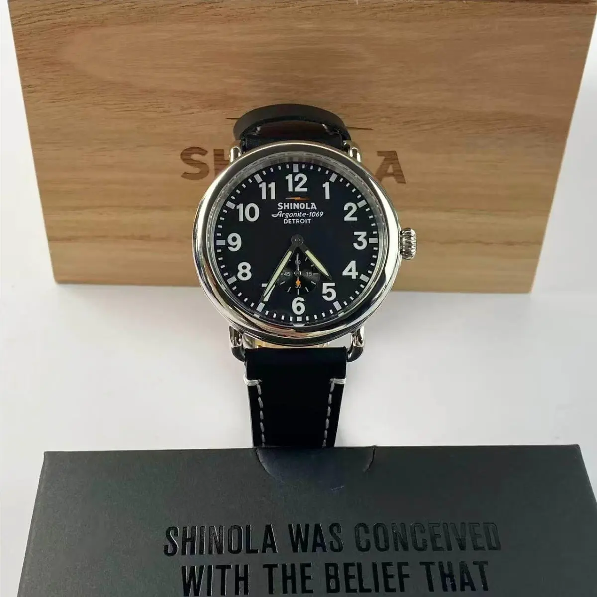 Shinola The Runwell Men’s Quartz Watch Black Dial Leather Strap 41mm