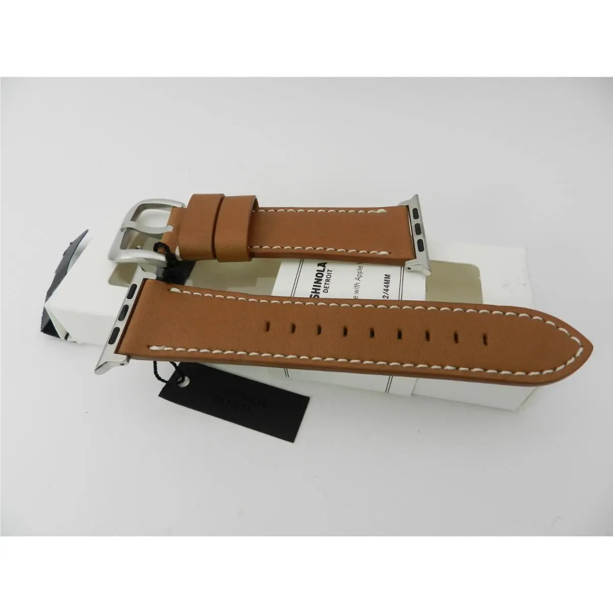 Shinola Aniline Leather Apple Watch Band in Largo Tan/silver Plating