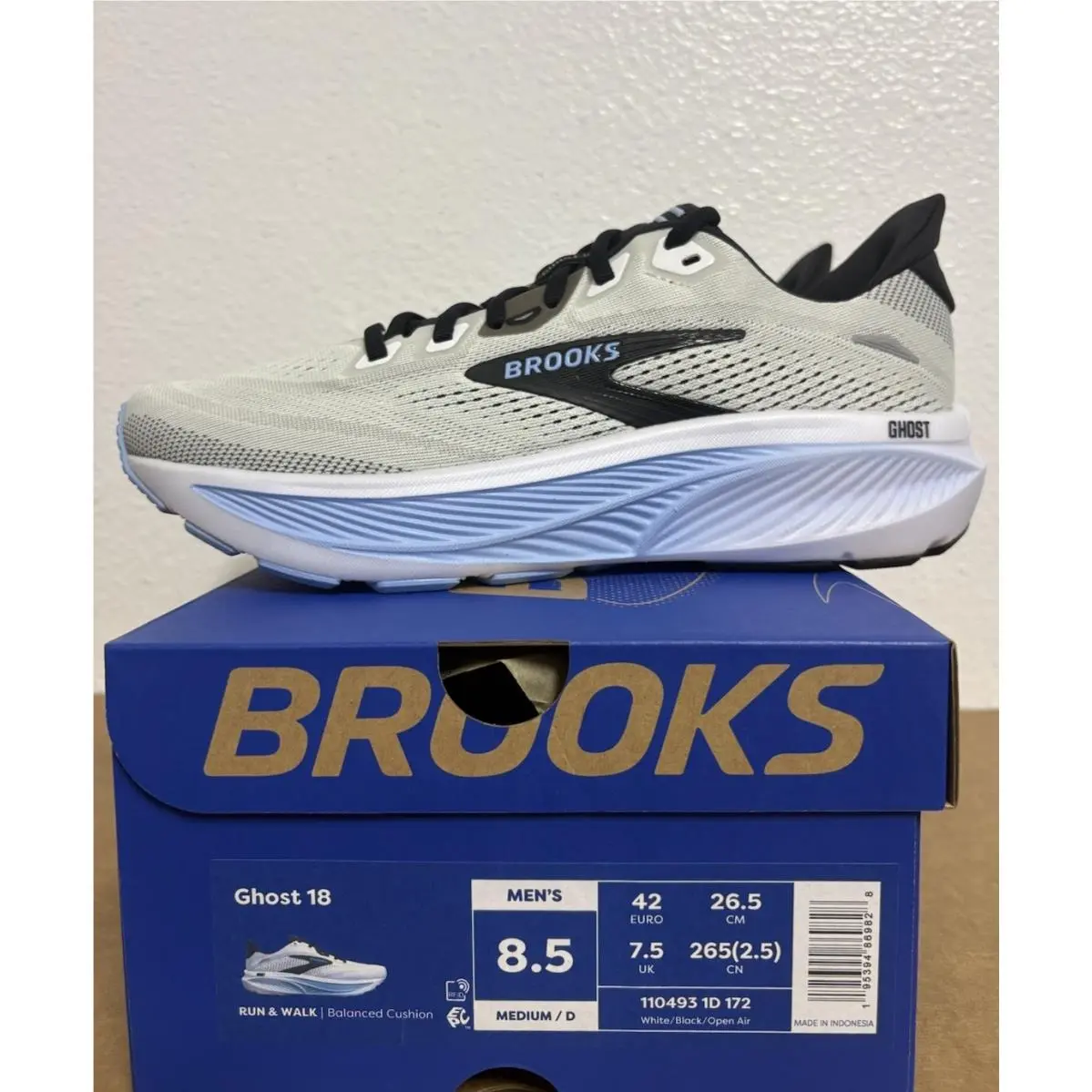 Brooks Men’s Ghost 18 Running Sneaker Color White/black/open Air Size 8.5