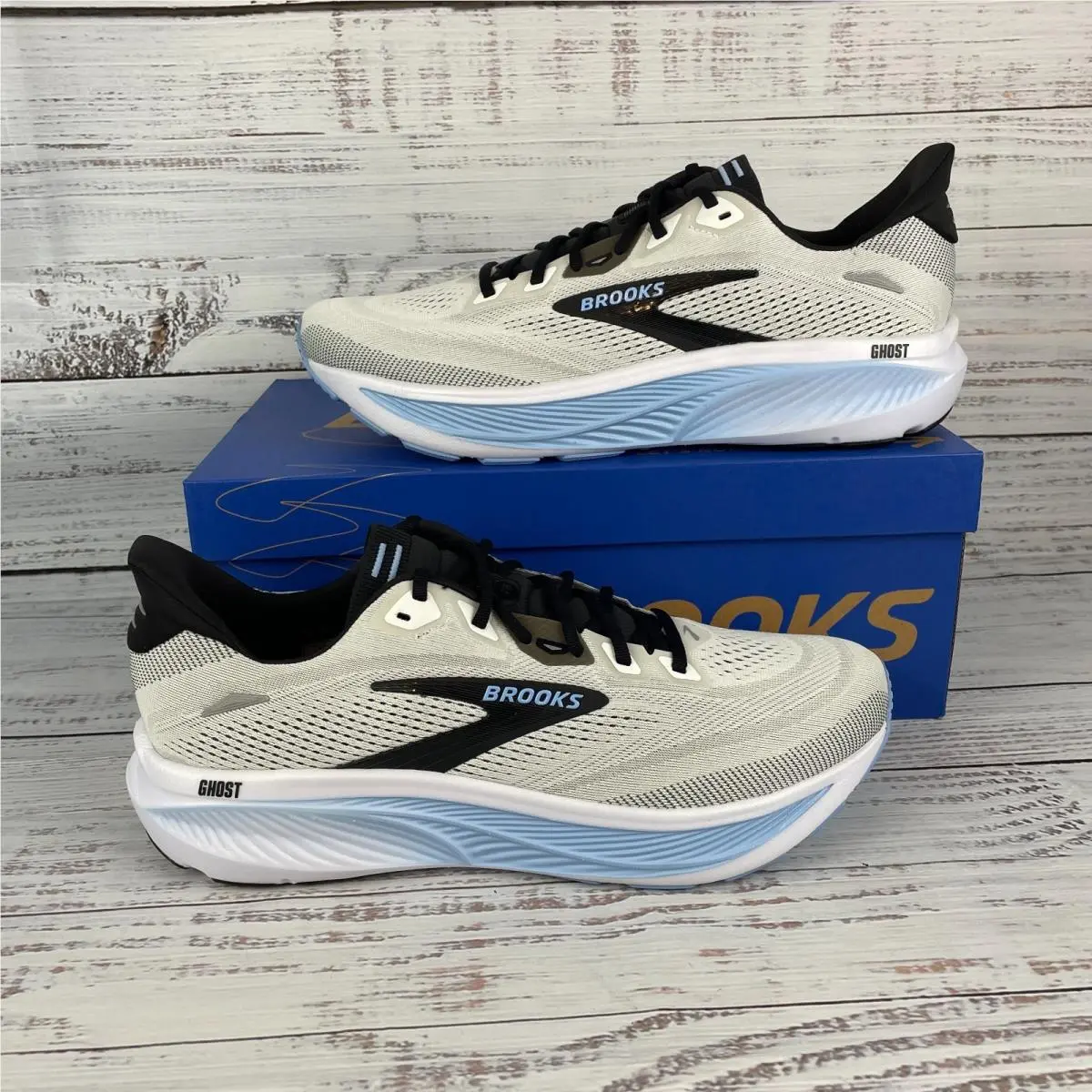 Brooks Ghost 18 Mens Sz 14 Running Shoes White Black Open Air Blue