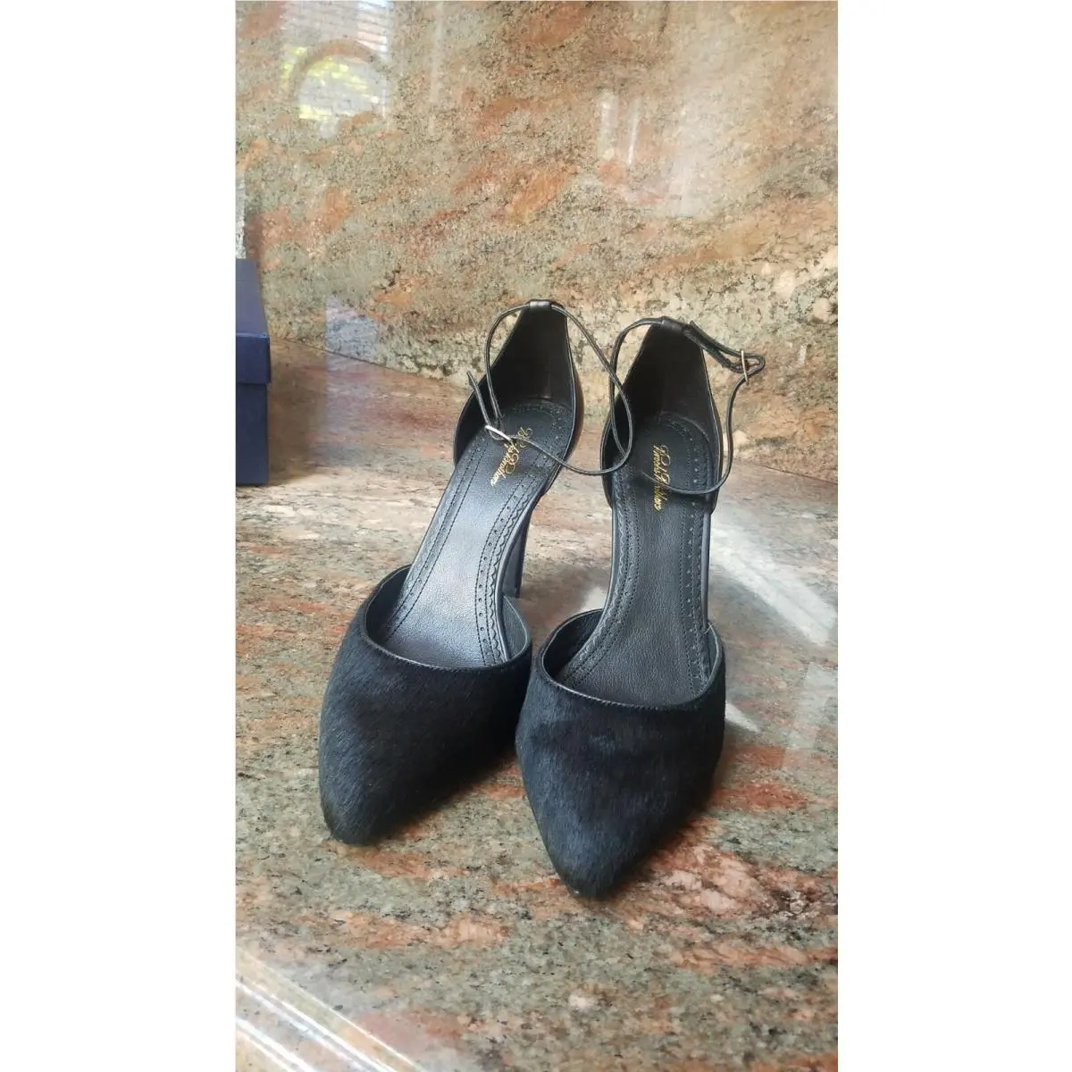 Brooks Brothers Black Hair Calf Classic Pumps with Ankle Strap. Size 9