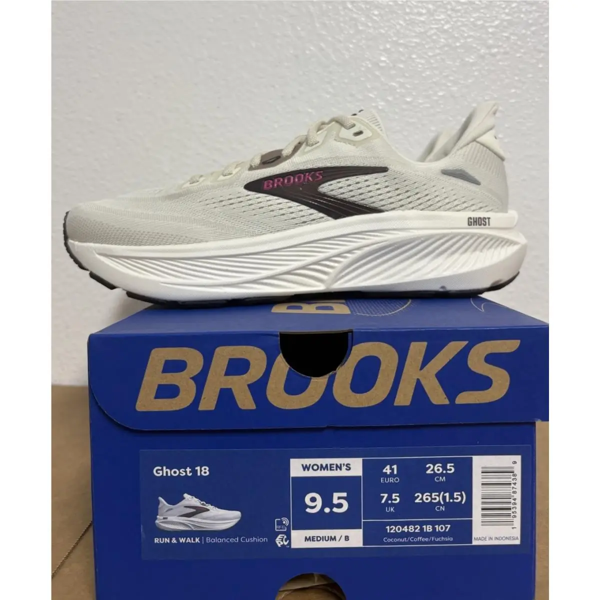 Brooks Women’s Ghost 18 Running Sneaker Color Coconut/coffee/fuchsia Size 9.5
