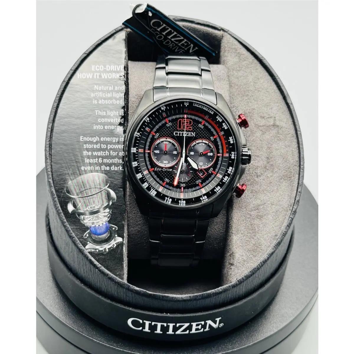 Citizen Eco-drive Watch Chronograph Black Red Tachymeter CA4195-51E Nos