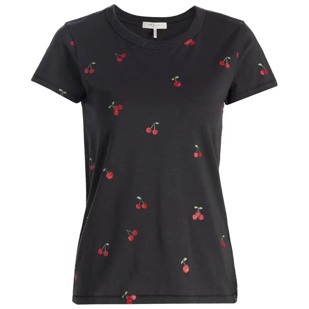 Rag Bone Womens Black Multi Short Sleeve Crew Neck Cotton All Over Cherry Tee
