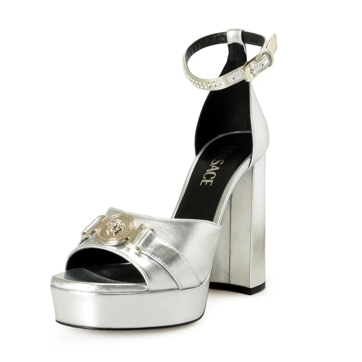Versace Women`s Silver Leather Ankle Strap High Heel Pumps Shoes