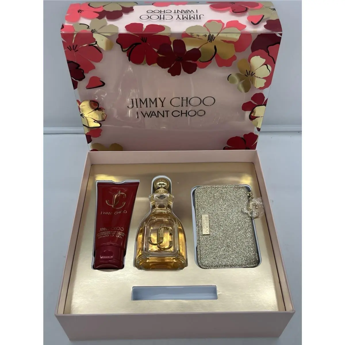 Jimmy Choo I Want Choo 3 Piece Fragrance Perfume Set with Glitter Pouch Box