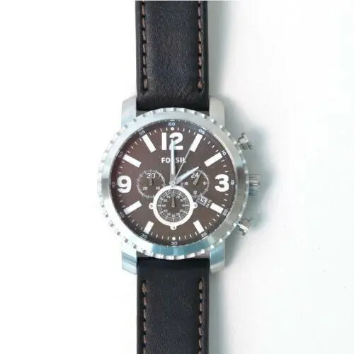 New-fossil Gage Silver Tone Chrono. Black Leather Band Black Dial Watch BQ2053