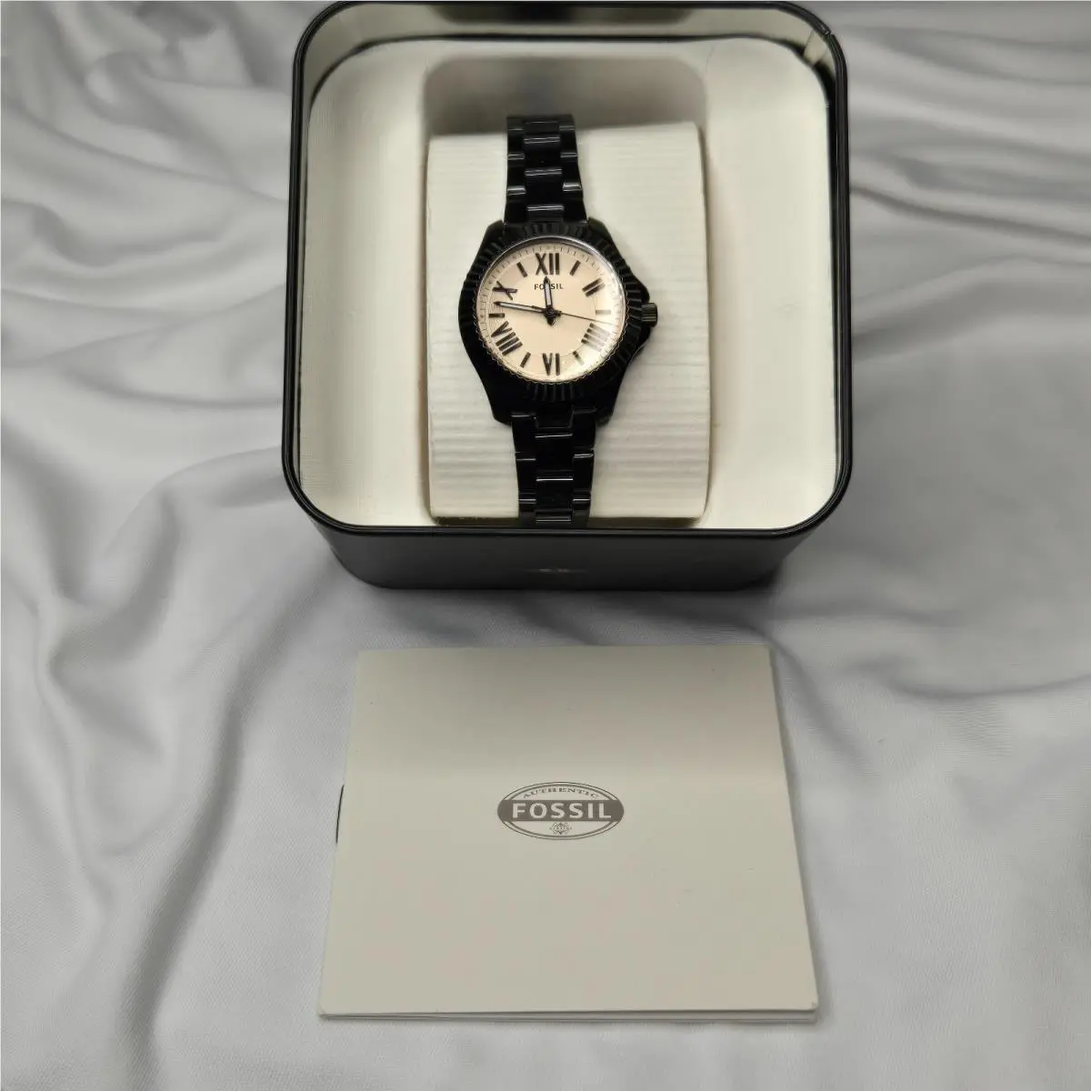 Ladies Fossil Designer Watch ES4614 Cecile Black Steel Salmon Dial 29mm
