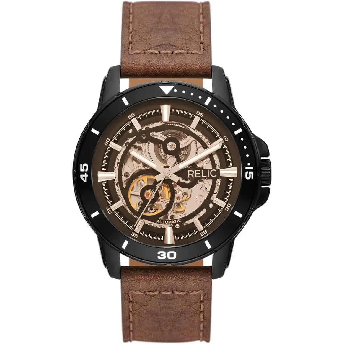 Relic by Fossil Men`s Brenton Automatic Watch ZR12663 Brown Band