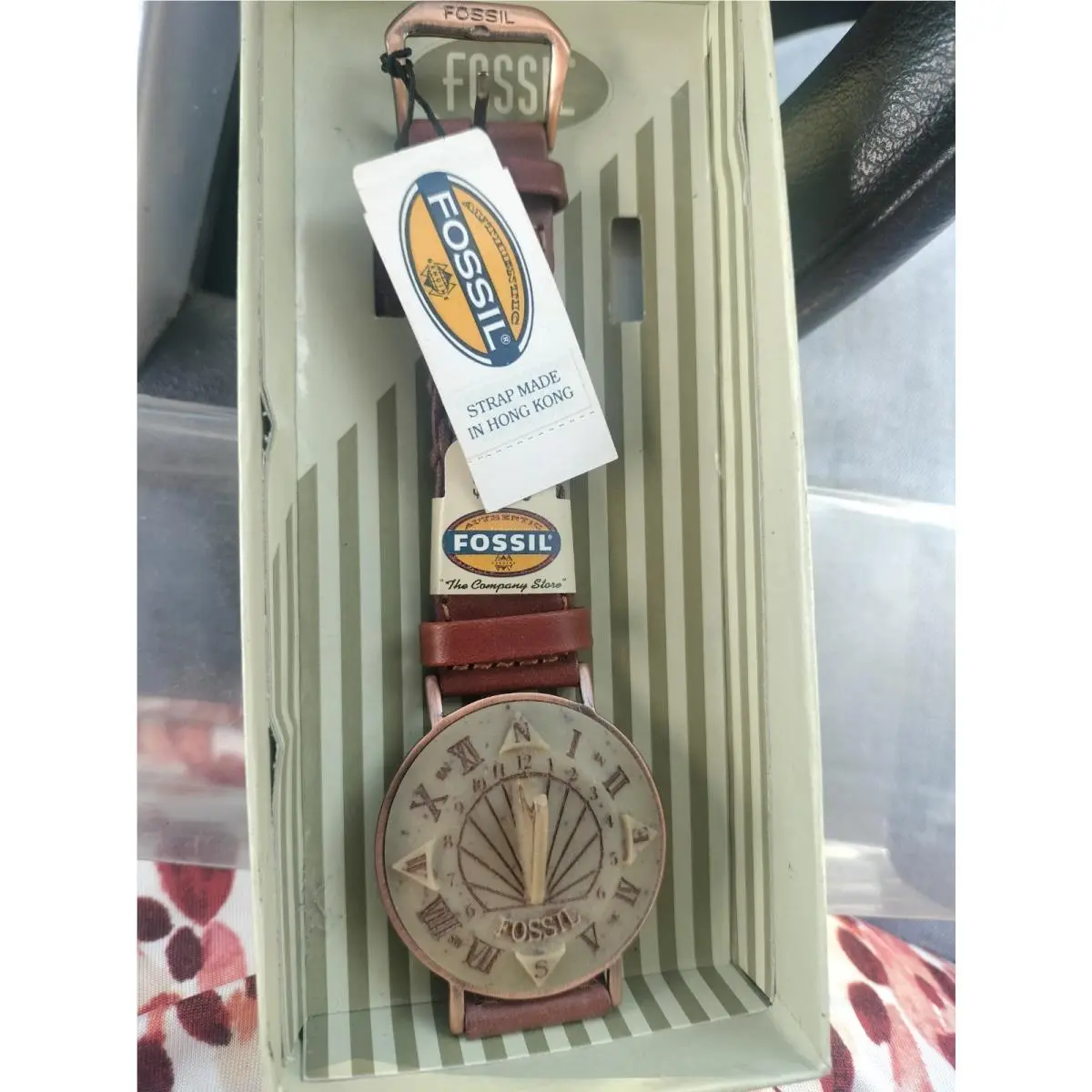 Vintage Fossil Sundial Watch Novelty Compass Dial Brown Leather Strap