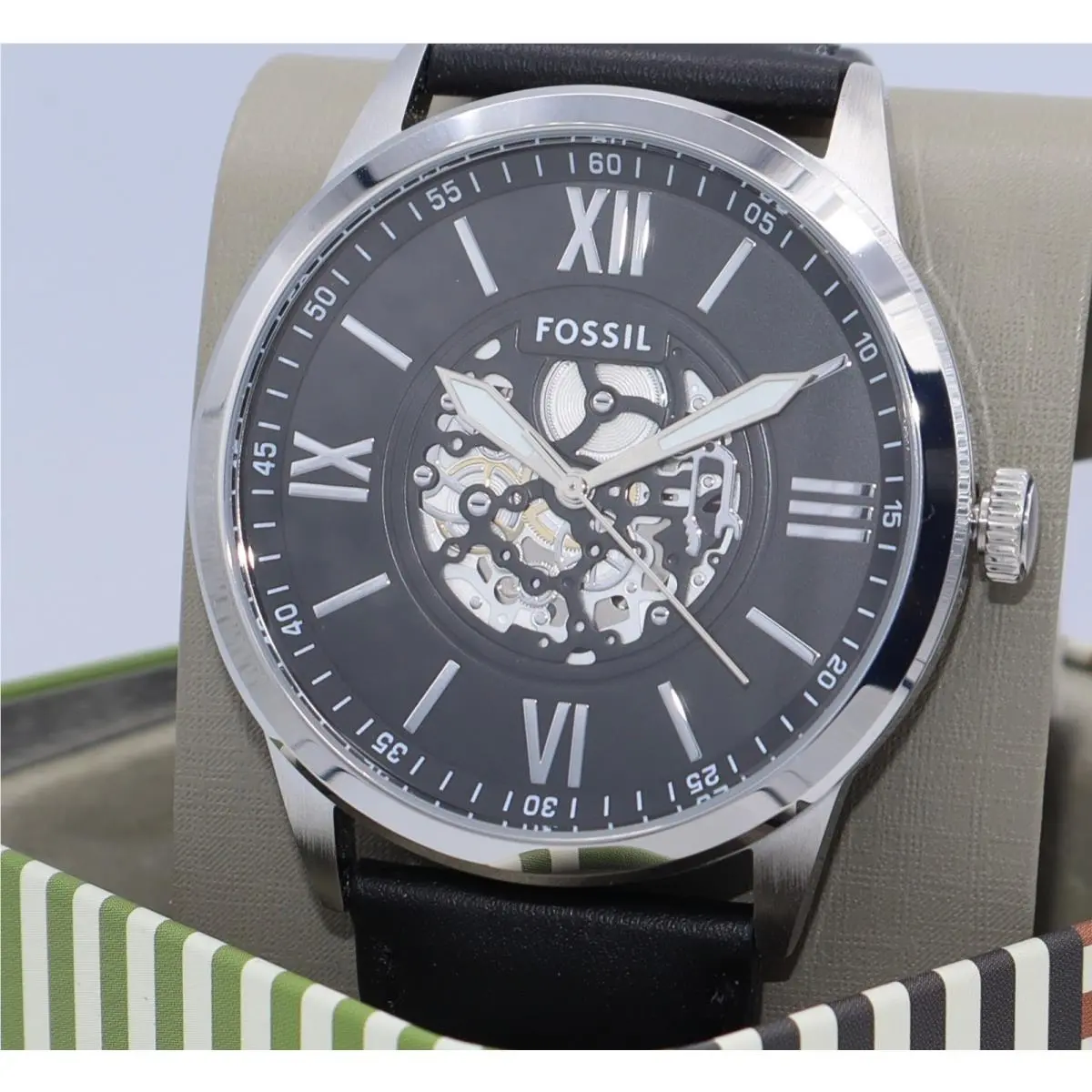 Fossil Flynn Silver Black Leather Skeleton BQM7127 Men`s Watch