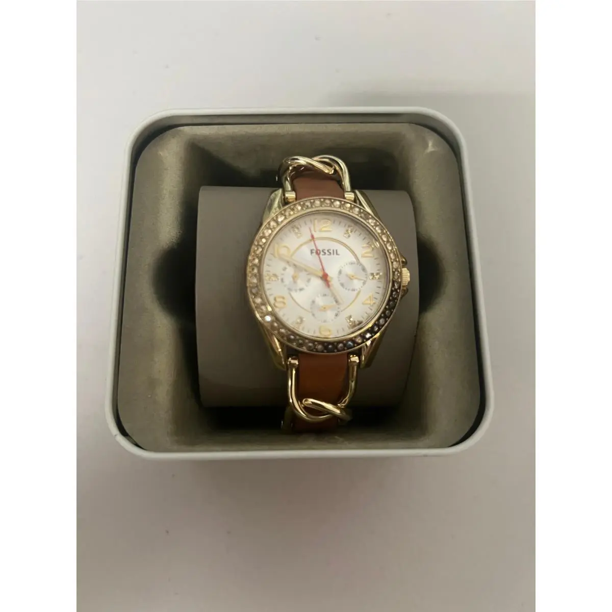 Fossil ES3723 Riley Multifunction White Dial Orange Leather Strap Women`s Watch