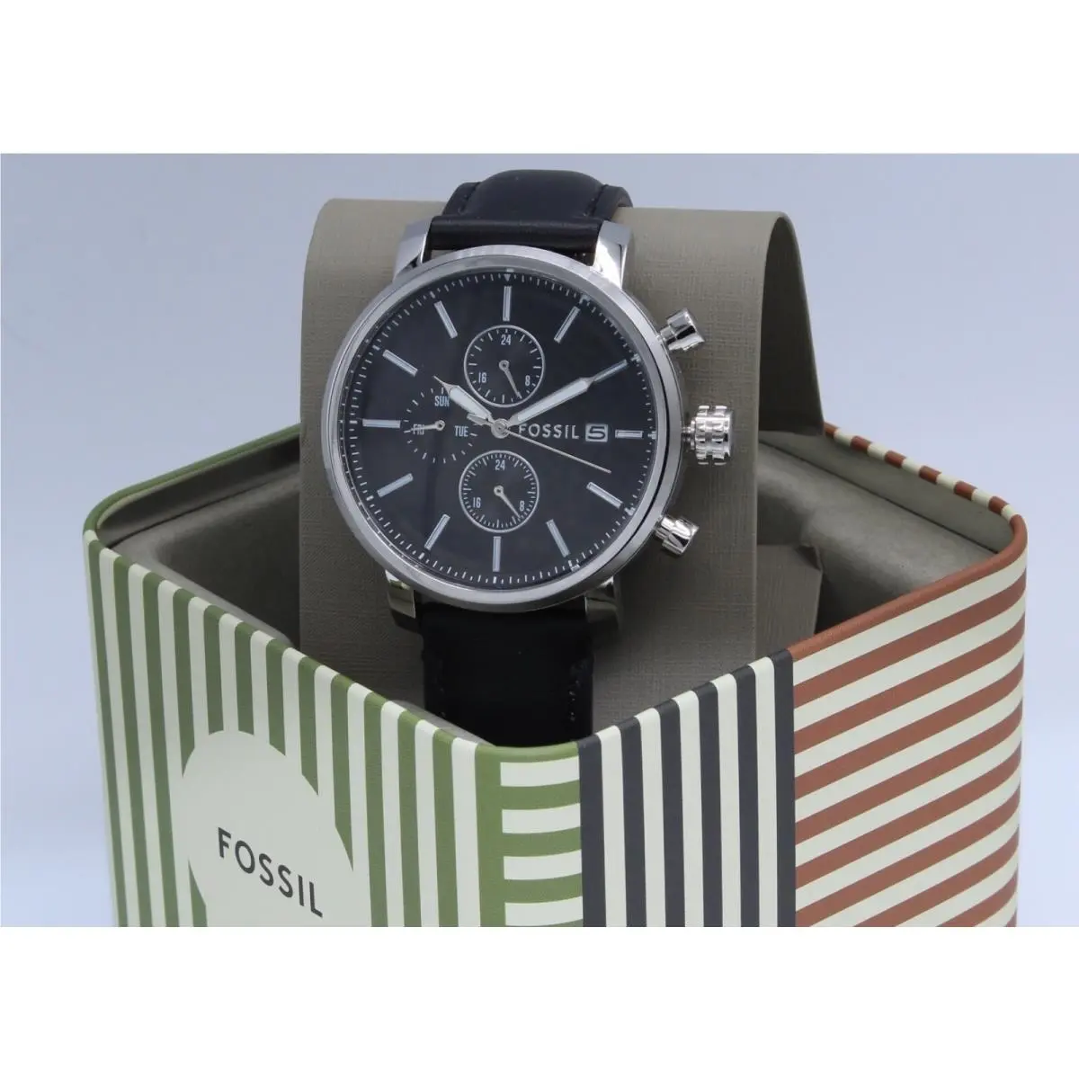 Fossil Rhett Chronograph Silver Black Leather Men`s BQ2849 Watch
