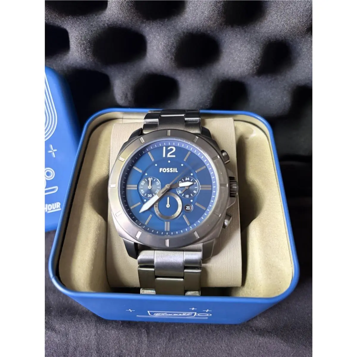 Fossil Men`s Chronograph Quartz Wristwatch Blue Dial Silver Steel Band Box