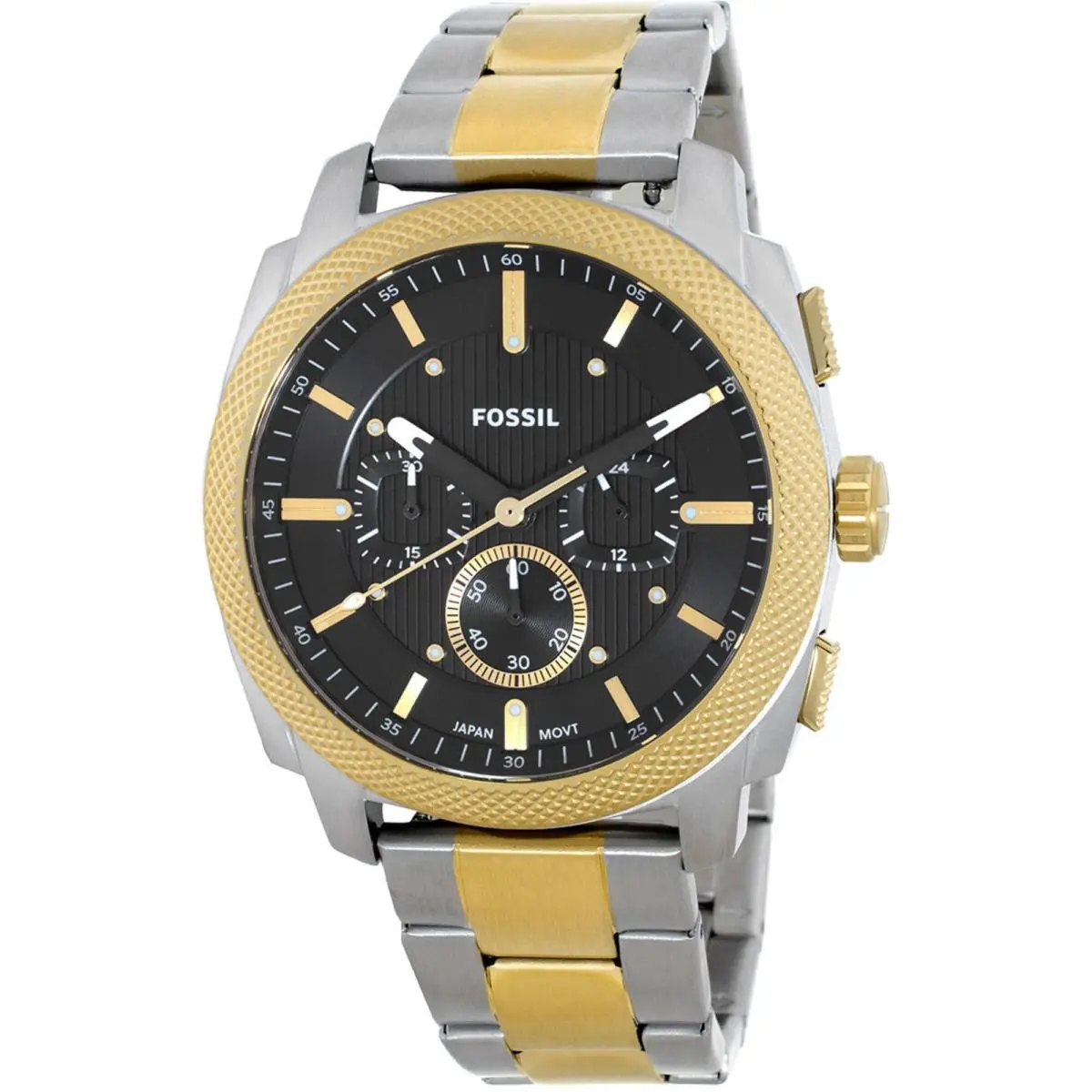 Fossil Men`s Watch Machine Quartz Chrono Black Dial Two Tone Bracelet FS6159 - Dial: Black, Band: Yellow, Silver
