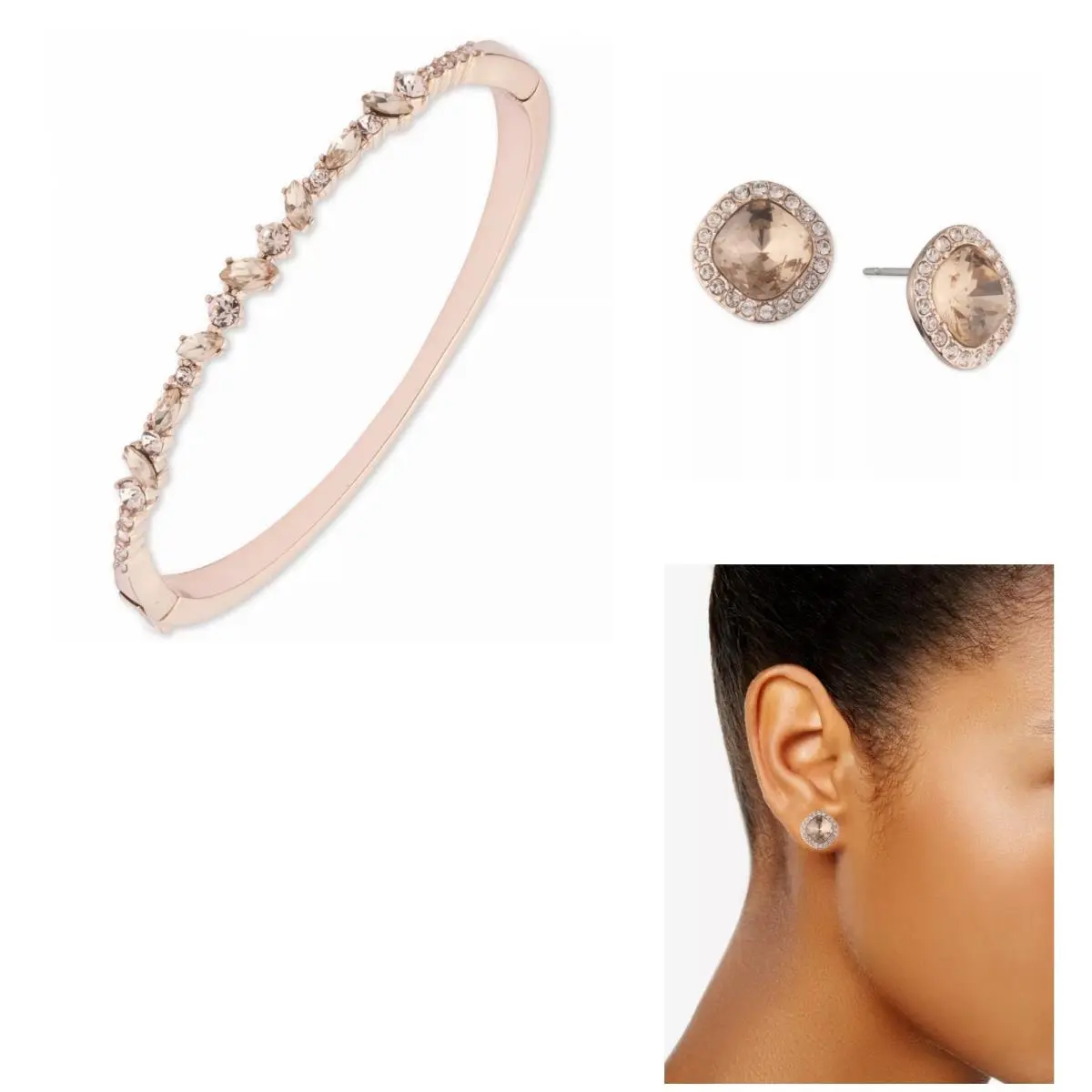 Givenchy Rose Gold-tone 2PC Crystal Bangle Bracelet Halo Stud Earrings Set