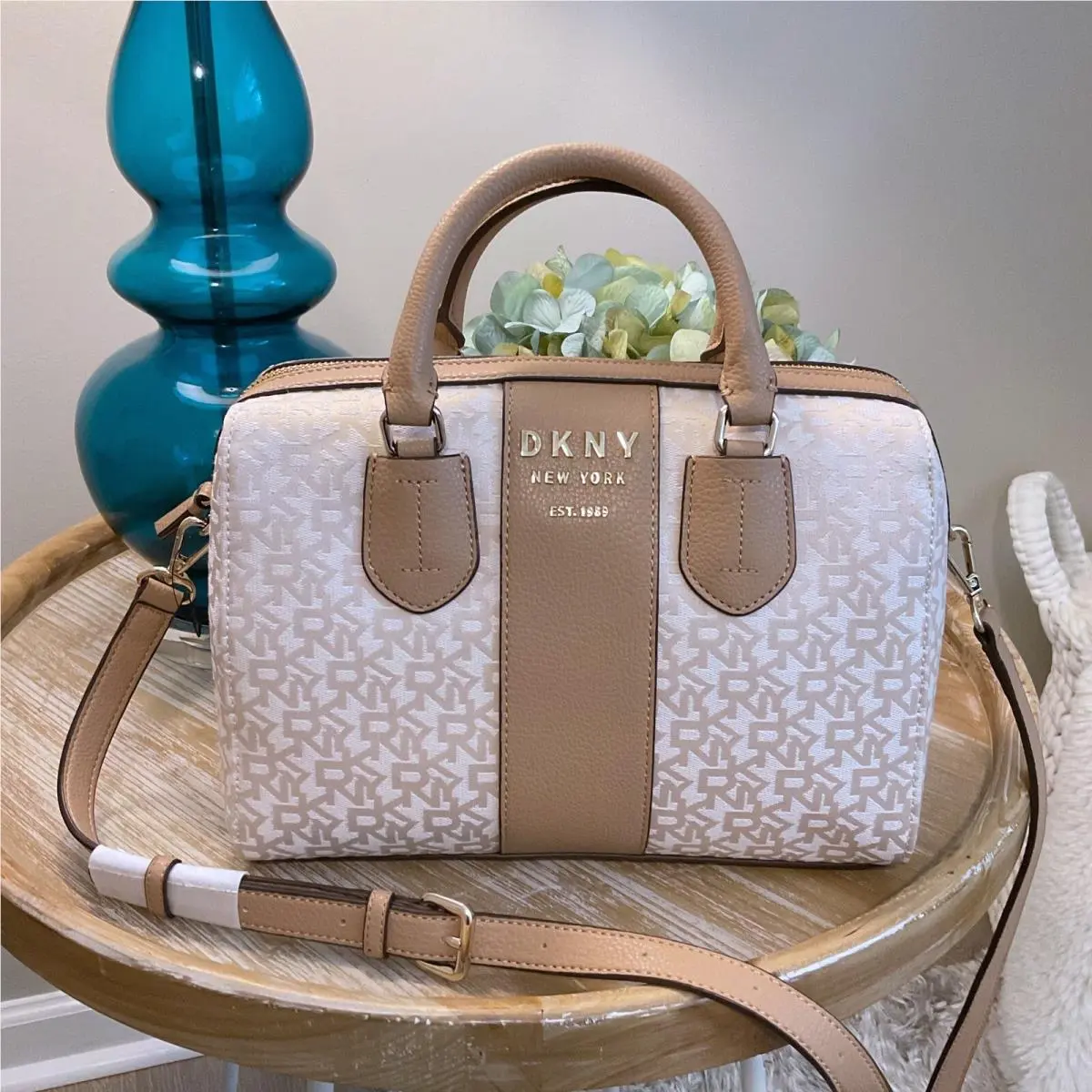 Dkny Purse Bag Large Noho Latte Logo Satchel Fabric Leather Crossbody