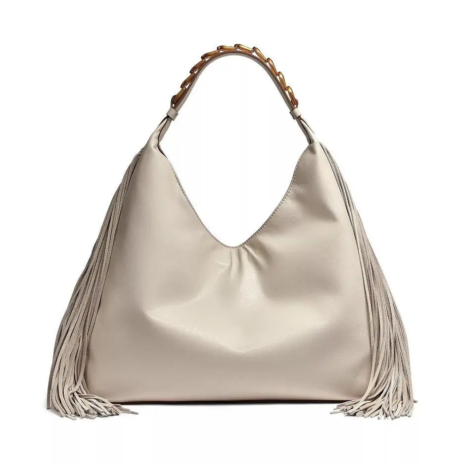 Donna Karan York Bellmore Fringe Shoulder Bag Bezel Strap Sand Gold