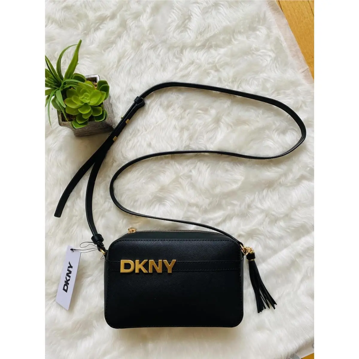 Dkny Black Crossbody Bag with Gold Logo and Tassel