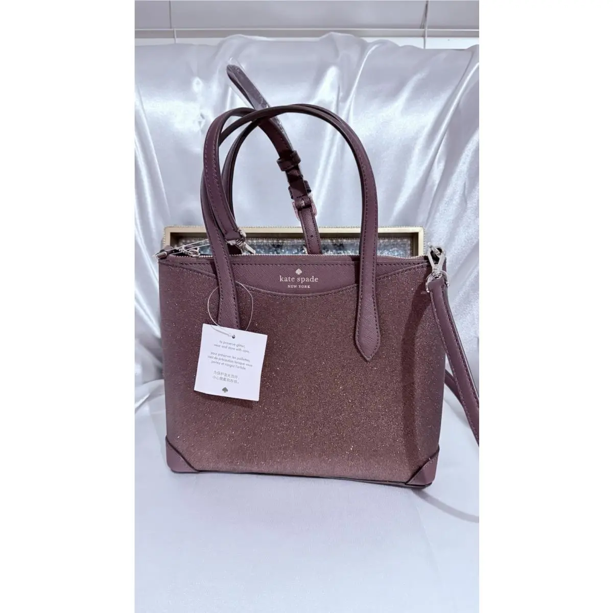 Kate Spade Small Handbag Tote Glitter Lola Satchel Bag Crossbody Deep Nova