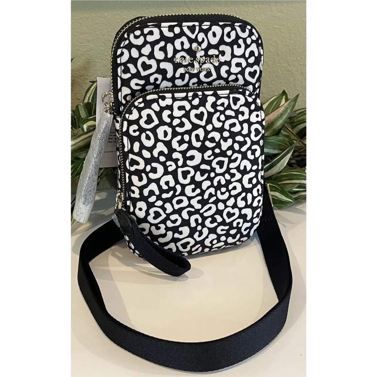 Kate Spade Chelsea NS Double Zip Phone Crossbody Shoulder Bag Black White Nylon