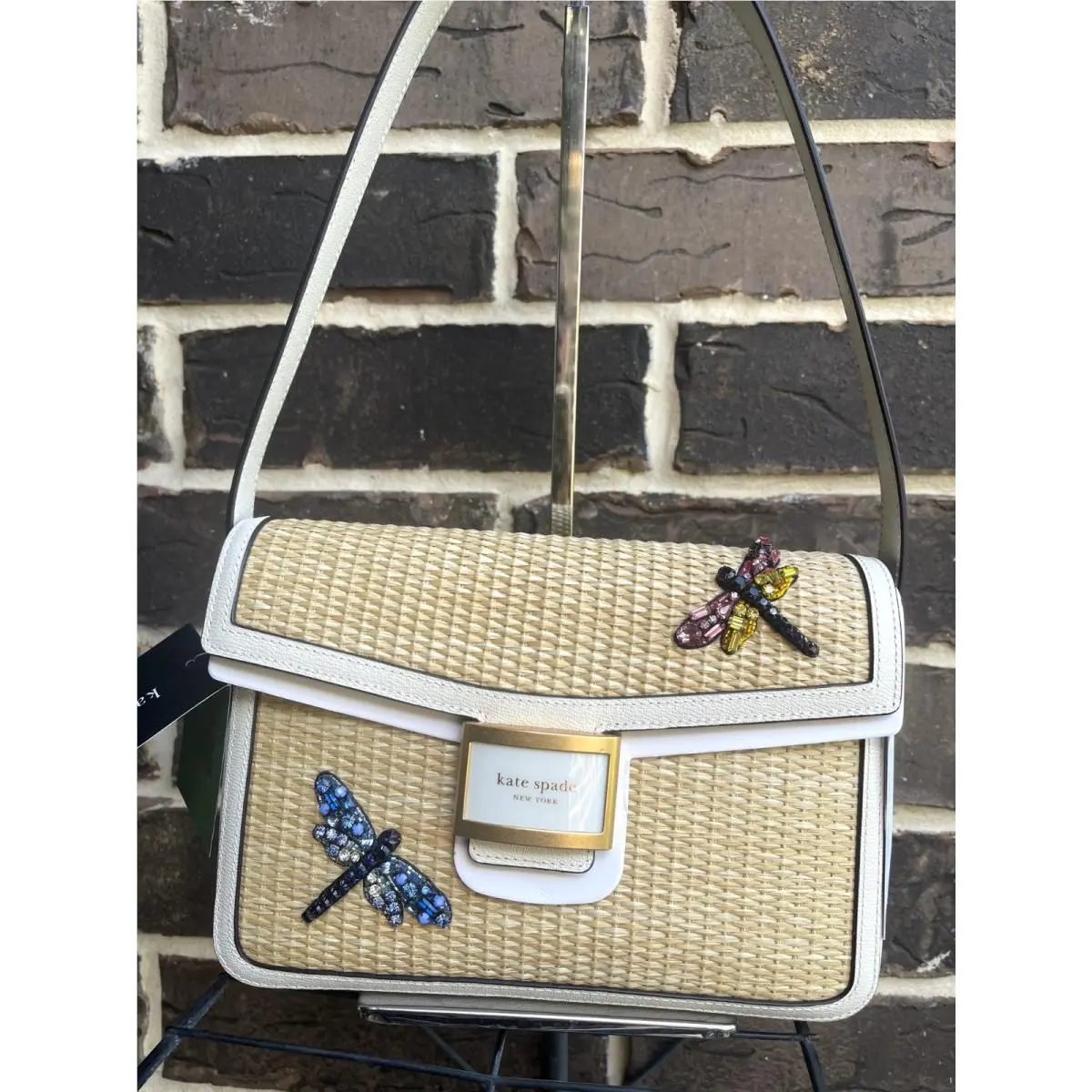 Kate Spade Katy Dragonfly Embellished Straw Medium Shoulder Bag White