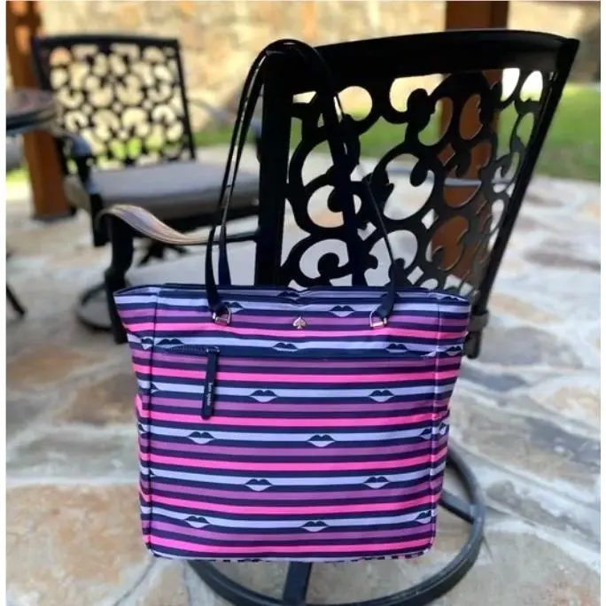 Kate Spade Jae Nylon Lip Print Large Tote Shoulder Striped Bag Purse